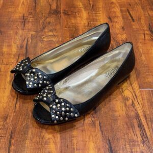 Michael Kors Black Leather Bow Peep Toe Flats Women’s Size 7.5 M - New!